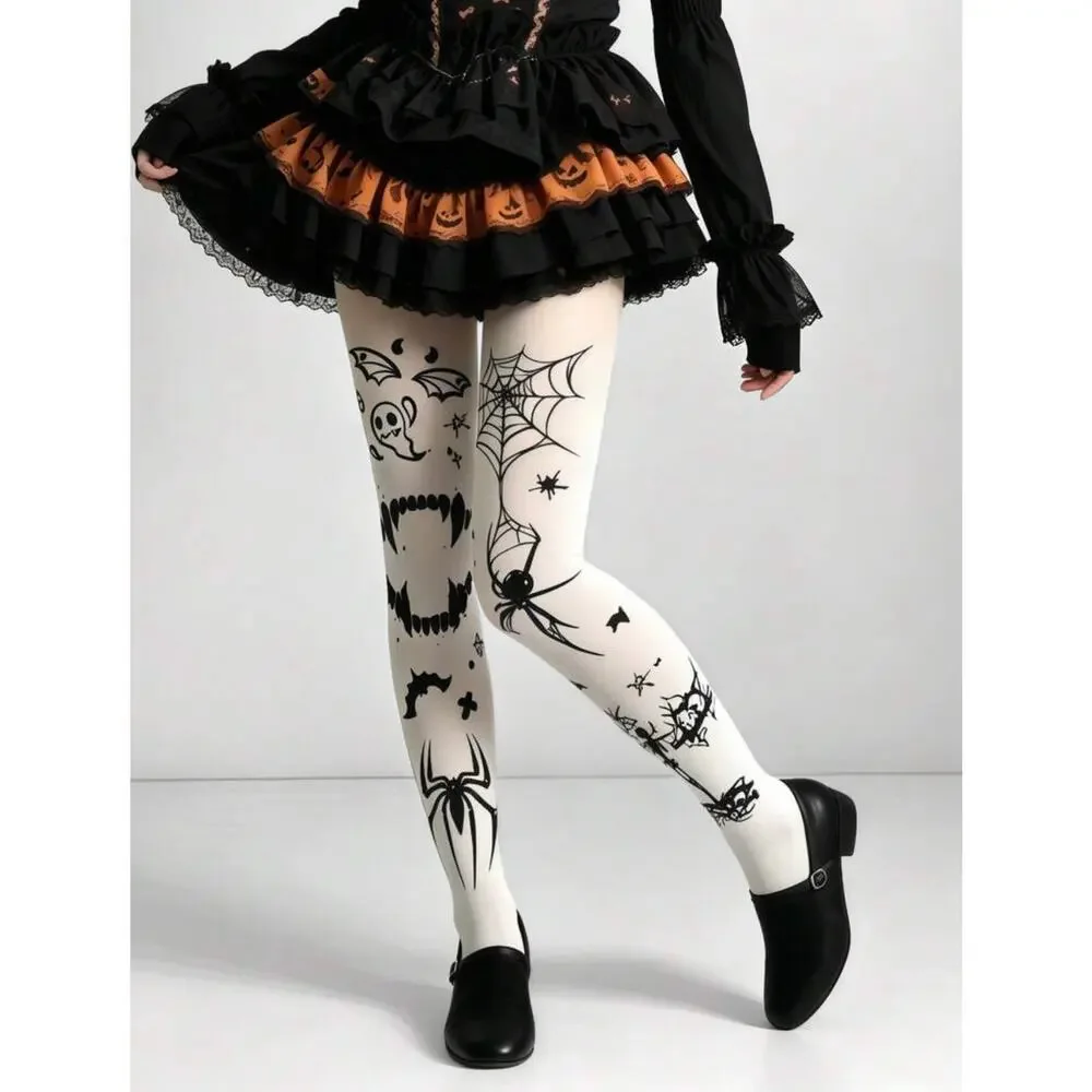 NWT Black & White Halloween Gothic Bat Ghost Spiderweb Spider Skeleton Tights